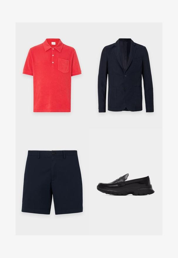 OFFICINE GENERALE NEHEMIAH - Veste de costume - night sky; Polo rouge en tissu éponge doux, avec un col classique, une patte de boutonnage à trois boutons, et une poche plaquée sur la poitrine gauche.; Theory ZAINE PATT - Short - baltic; Mocassin noir brillant avec semelle épaisse texturée et détails cousus, profil latéral sur fond gris clair uni.