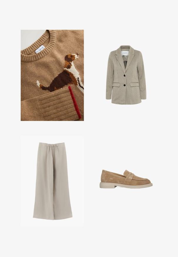 Blazer rayé en beige avec des lignes verticales. Comprend un col cranté, des boutons noirs et deux poches avant. Tissu texturé.; Pull en laine d'agneau marron clair avec un motif de chien en marron foncé, blanc et orange. Col et poignets côtelés avec un détail accentué en rouge.; Pantalon beige à jambes larges avec taille élastique en tissu léger et doux.; Mocassins en daim brun avec un bout arrondi, détail de sangle décorative et une semelle en caoutchouc épaisse de couleur claire. Surface finement texturée.
