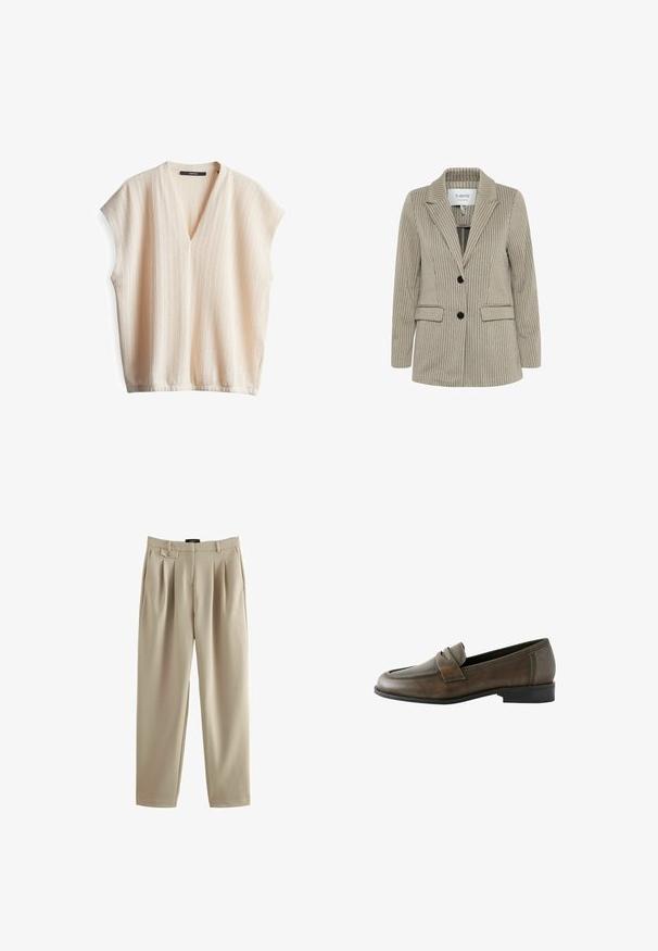 Gestreifter Blazer in Beige mit vertikalen Linien. Verfügt über einen Reverskragen, schwarze Knöpfe und zwei Taschen auf der Vorderseite. Texturierter Stoff.; Helles beige Kurzarmoberteil mit V-Ausschnitt, aus strukturiertem Stoff und dezenten vertikalen Streifen. Weiches, atmungsaktives Material, lässige Passform.; Beige, plissierte Hose mit einem entspannten Schnitt, ausgestattet mit einem Knopfverschluss und Gürtelschlaufen, hergestellt aus einem glatten Stoff mit weicher Textur.; Braune Lederloafers mit glatter Oberfläche, ausgestattet mit einem gestickten Design und einem dekorativen Riemen über dem Oberteil. Niedriger, quadratischer schwarzer Absatz.