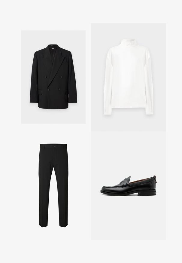 Blazer negro de hombre con doble abotonadura, solapas de pico, cuatro botones, bolsillos con solapa y un bolsillo de ojal en el pecho, presentado sobre fondo blanco.; Top de cuello alto de manga larga blanca con una textura suave, que presenta un escote alto y costuras en los hombros caídas para un ajuste relajado.; Pantalones negros de corte ajustado con cierre de botón y cremallera, trabillas para cinturón y piernas rectas sobre fondo blanco.; Mocasín de hombre de piel negra con costura moc toe, tira penny, cuello texturizado y tacón bajo apilado sobre fondo blanco.