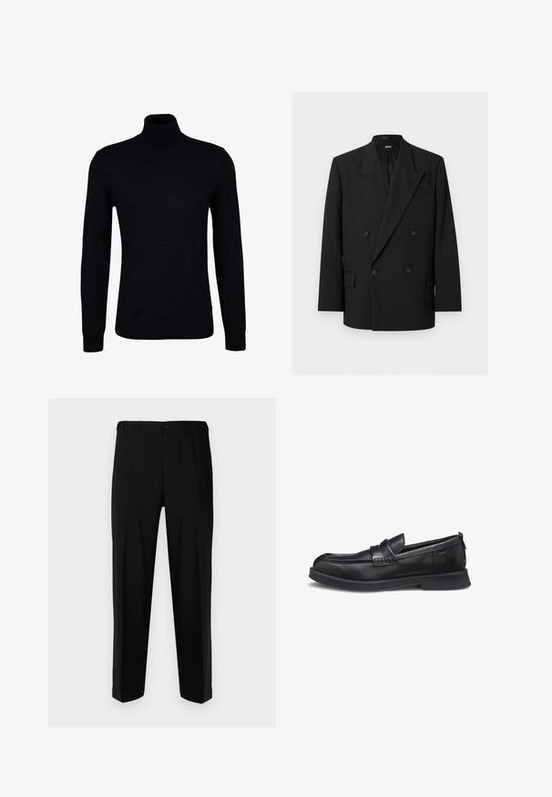 Blazer negro de hombre con doble abotonadura, solapas de pico, cuatro botones, bolsillos con solapa y un bolsillo de ojal en el pecho, presentado sobre fondo blanco.; Suéter negro de cuello alto en un tejido de punto suave. Presenta mangas largas, un cuello ajustado y puños y dobladillo acanalados para un ajuste ceñido.; Pantalones negros de tela suave, con corte recto, dos bolsillos frontales y cremallera con cierre de botón.; Mocasín de cuero negro con punta redondeada, tacón bajo y detalle de correa cosida sobre fondo blanco, mostrado de lado.