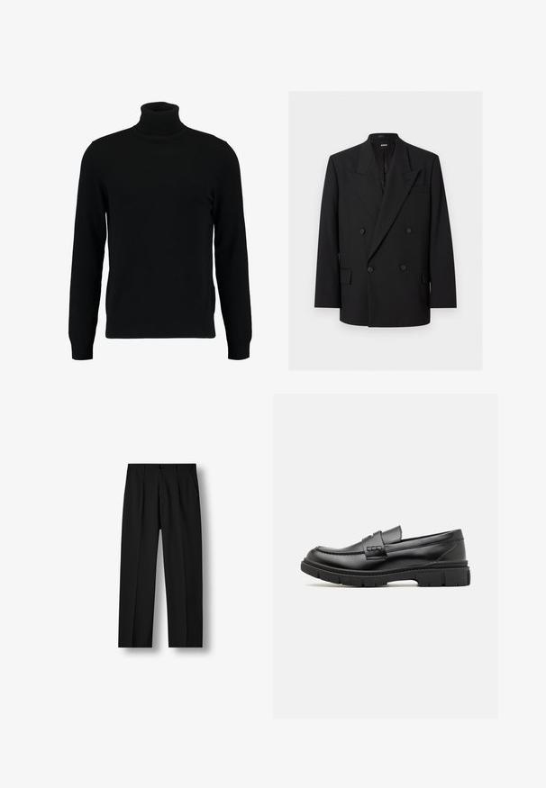 Blazer noir pour homme à double boutonnage avec revers à pointe, quatre boutons, poches à rabat et une poche poitrine passepoilée, présenté sur fond blanc.; Un pull à col roulé noir en matière tricotée douce. Il possède des manches longues, un col et un ourlet côtelés. Son design est simple et épuré, sans motifs.; Pantalon noir droit avec plis devant, taille boutonnée et poches latérales sur un fond blanc uni.; Mocassin en cuir noir avec une large sangle sur le devant, semelle en caoutchouc à épaisse rainure, et texture lisse. Design classique et élégant.