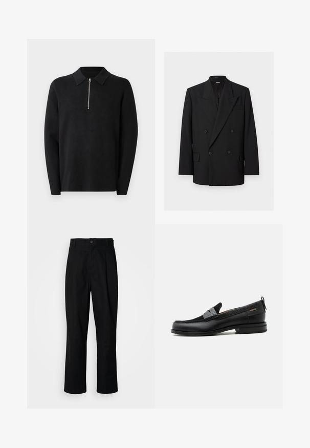 Blazer negro de hombre con doble abotonadura, solapas de pico, cuatro botones, bolsillos con solapa y un bolsillo de ojal en el pecho, presentado sobre fondo blanco.; Suéter negro de manga larga con cuello con cremallera. Hecho de una tela suave, con una textura lisa y un diseño sencillo y minimalista.; Pantalones rectos negros con cintura con botones, trabillas para cinturón y pliegue frontal, exhibidos sobre un fondo blanco liso.; Mocasín de cuero negro con detalle de tira gris, tacón bajo y suela texturizada, con la marca "HUGO" en oro en el lateral.