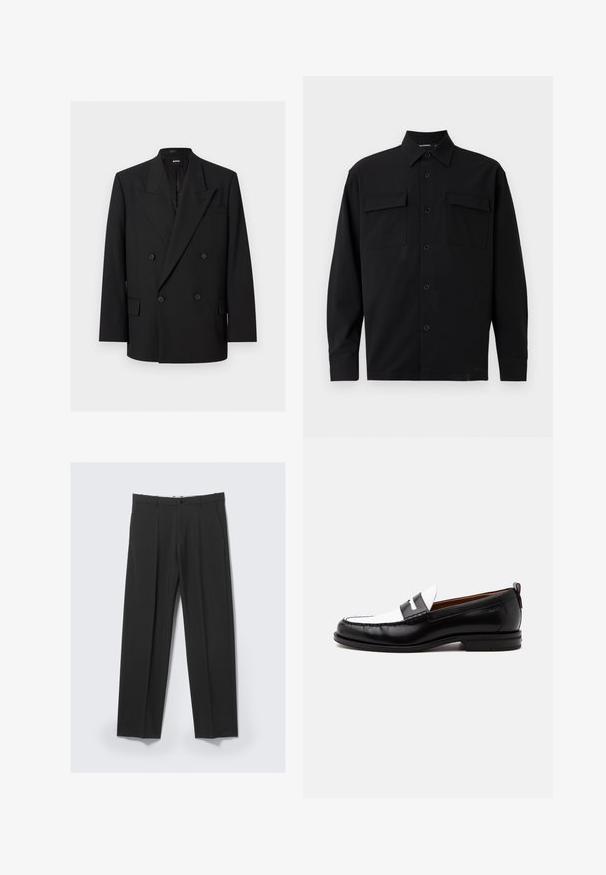 Blazer noir pour homme à double boutonnage avec revers à pointe, quatre boutons, poches à rabat et une poche poitrine passepoilée, présenté sur fond blanc.; Chemise noire à manches longues en tissu lisse, dotée d'un col classique, de boutons sur le devant et de deux poches sur la poitrine. Design simple sans motifs.; Pantalon noir ajusté avec plis avant, poches latérales, passants de ceinture et fermeture par bouton à la taille sur un fond clair.; Mocassin en cuir noir et blanc avec des détails cousus, un petit talon et un design slip-on, présenté de profil sur un fond uni.