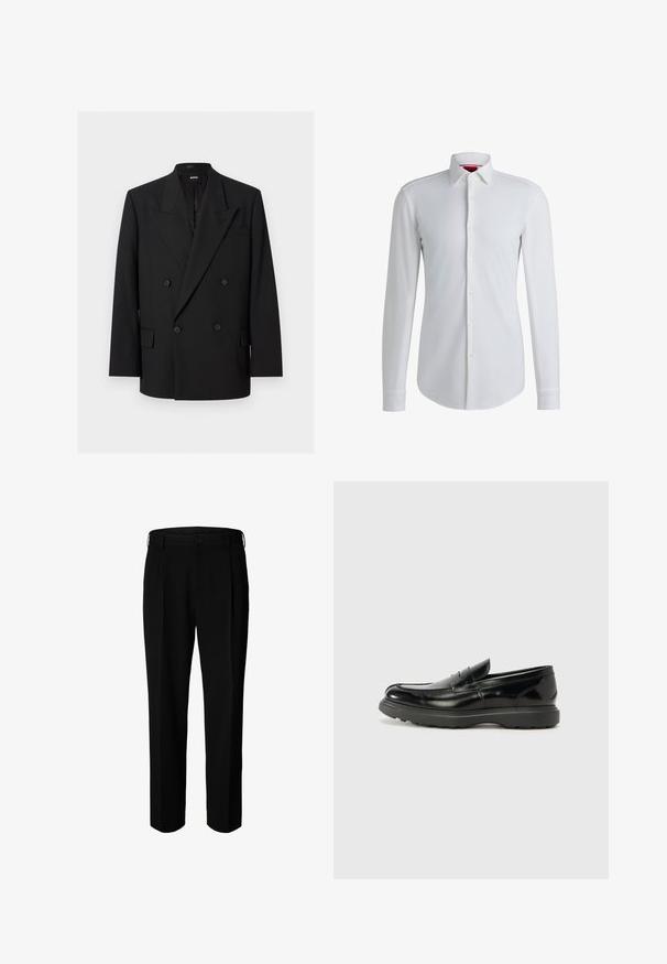 Zwarte dubbelgeknoopte herenblazer met spitse revers, vier knopen, klepzakken en een borstzak, weergegeven op een witte achtergrond.; Witte lange mouwen overhemd met een gespreide kraag, een voorplacket en een afgeronde zoom. Gemaakt van gladde stof met een subtiele glans.; Zwarte formele broek met riemlussen, voorste knoop en ritssluiting, weergegeven tegen een witte achtergrond.; Zwarte leren instapper met een glanzende afwerking, een ronde neus, subtiele stiksels en een dikke rubberen zool voor duurzaamheid.