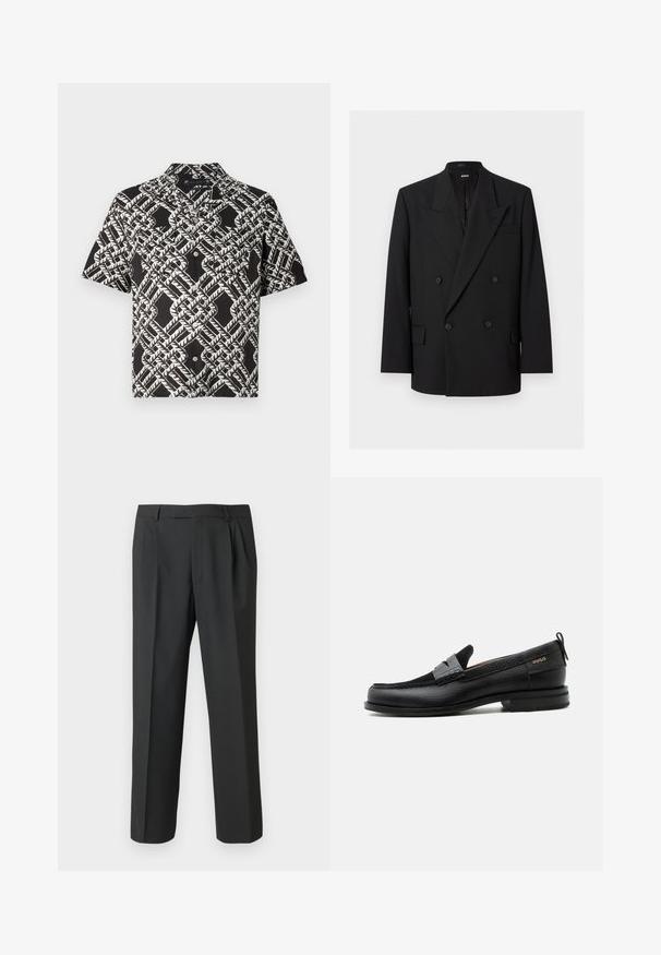 Sort dobbeltradet herreblazer med spidse revers, fire knapper, klaplommer og en brystlomme, vist på hvid baggrund.; Sort kortærmet skjorte med knapper og hvid abstrakt geometrisk bladmønster samt to brystlommer.; Sorte bukser lavet af glat stof med et lige ben-design, plisseret forside og standard linning med bæltestropper.; Sort læderloafer med grå remdetalje, lav hæl og tekstureret sål, mærket med "HUGO" i guld på siden.