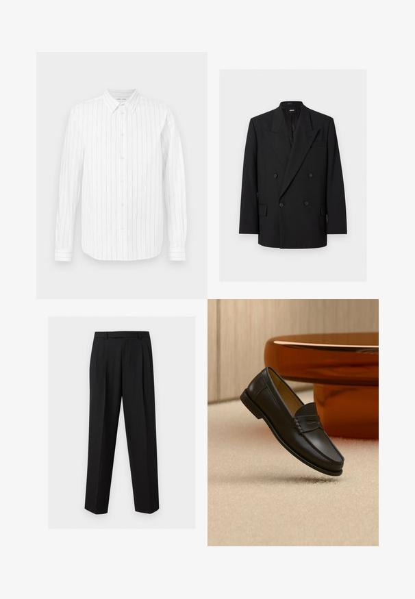 Blazer noir pour homme à double boutonnage avec revers à pointe, quatre boutons, poches à rabat et une poche poitrine passepoilée, présenté sur fond blanc.; Chemise blanche à manches longues avec des rayures verticales grises, col boutonné, boutons sur le devant et manches à poignets. Texture de tissu lisse.; Pantalon noir sur mesure avec jambes droites, plis à la taille, passants de ceinture et poches latérales fendues, présenté sur un fond uni.; Chaussure mocassin en cuir noir suspendue au-dessus d’un tapis beige avec du mobilier moderne couleur ambre en arrière-plan.