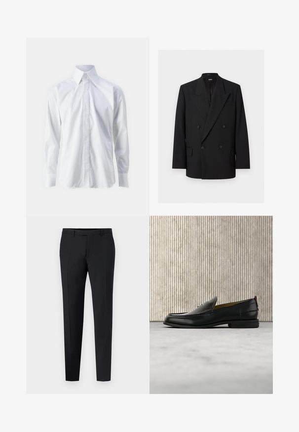 Sort dobbeltradet herreblazer med spidse revers, fire knapper, klaplommer og en brystlomme, vist på hvid baggrund.; Hvid langærmet skjorte lavet af glat stof, med klassisk krave, knaplukning og en diskret broderet logo nederst til venstre.; Sorte skræddersyede bukser med slim fit, der har flad front, bæltestropper og ingen synlige mønstre eller detaljer. Glat tekstur.; Sort læder herreloafer med krokodillepræget forstykke og lav hæl, vist i profil på en neutral baggrund.