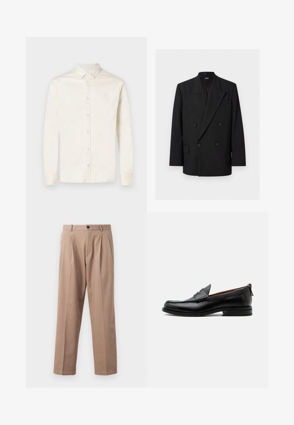 Sort dobbeltradet herreblazer med spidse revers, fire knapper, klaplommer og en brystlomme, vist på hvid baggrund.; Herre langærmet skjorte i off-white med knaplukning, spidse krave og en diskret broderet logo på venstre bryst.; Beige bukser lavet af bomuld, med en lige benlængde, front folder, knaplukning og sidelommer. Glat tekstur.; Sort læder herre loafer med moc-tå syning, penny strop, struktureret krave og lav stablet hæl på hvid baggrund.