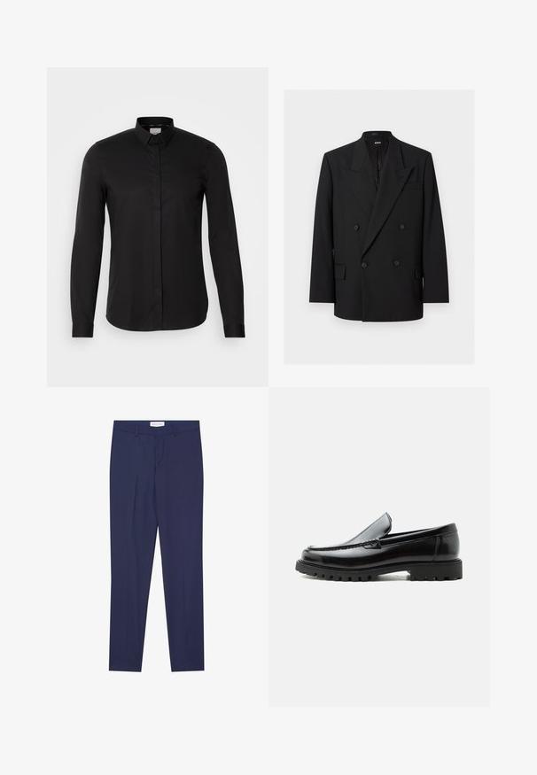 Schwarzer, doppelt geknöpfter Herrenblazer mit spitzen Revers, vier Knöpfen, Pattentaschen und einer Brustleistentasche, auf weißem Hintergrund dargestellt.; Schwarzes Langarmshirt aus glattem Material, mit Button-Down-Kragen, Frontleiste und dezentem Logo-Detail auf der Brust.; Marineblau Anzughose aus glattem Stoff, mit geradem Bund, zwei Seiten- und einem Reißverschluss, sowie einem schlichten Saum ohne Muster oder Akzente.; Schwarzer Lederloafer mit grober Gummisohle, genähter Oberseite und geprägtem Markennamen an der Ferse, seitlich auf weißem Hintergrund gezeigt.