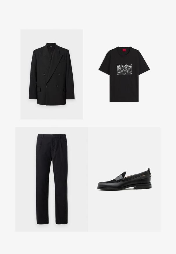 Schwarzer, doppelt geknöpfter Herrenblazer mit spitzen Revers, vier Knöpfen, Pattentaschen und einer Brustleistentasche, auf weißem Hintergrund dargestellt.; Schwarzes T-Shirt mit einem schwarz-weißen Druck eines Auto-Lenkrads und Armaturenbretts und "HUGO" Text über dem Bild.; Schwarze Hosen aus Baumwollmischung mit klassischem geradem Schnitt, Knopfverschluss und ohne sichtbare Muster oder Verzierungen.; Schwarzer Lederloafer mit grauem Riemendetail, niedrigem Absatz und strukturierter Sohle, seitlich mit „HUGO“ in Gold gebrandmarkt.