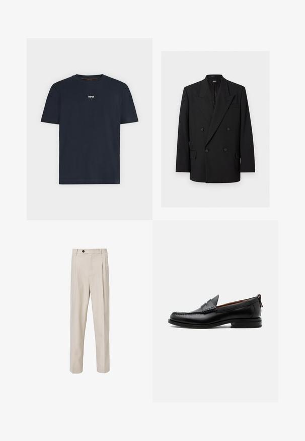 Schwarzer, doppelt geknöpfter Herrenblazer mit spitzen Revers, vier Knöpfen, Pattentaschen und einer Brustleistentasche, auf weißem Hintergrund dargestellt.; Marineblaues Kurzarm-T-Shirt mit Rundhalsausschnitt und kleinem weißen "BOSS"-Logo mittig auf der Brust.; Beige maßgeschneiderte Hose mit geradem Beinschnitt, vorderen Falten, Knopfverschluss und glatter Stoffstruktur.; Schwarzer Leder-Herrenschuh mit Mokassinnaht, Penny-Riemen, strukturiertem Kragen und niedrigem gestapeltem Absatz auf weißem Hintergrund.