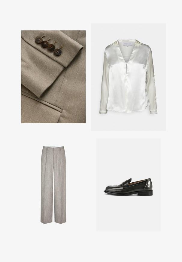 Pruun kohandatud bleiseri kangas, millel on peened triibud, nelja sobiva nupuga mansett ja õhukesed õmblusdetailid.; STUDIO ID ALYSSA - Pluus - champagne; Second Female JUN - Püksid - trench coat; Mustast lakknahast loafers, millel on struktureeritud disain, ümar varvas ning ülesõmmeldud detailid, mis on varustatud madala virnastatud kontsaga.