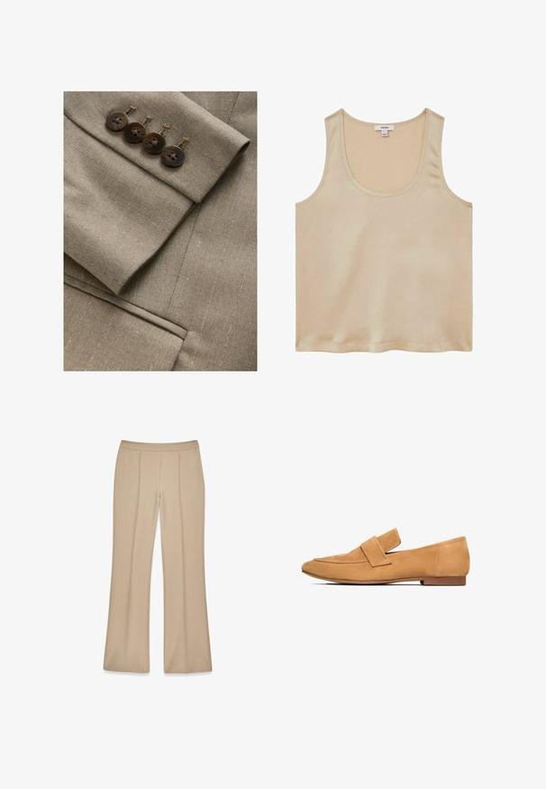 Tela de blazer marrón a medida con rayas sutiles, que presenta un puño con cuatro botones a juego y delgados detalles de costura.; Reiss REGULAR FIT - Blusa - neutral; Pantalones beige ajustados con diseño de pierna acampanada, hechos de una tela suave que presenta detalles de pliegues en la parte delantera, con cinturilla elástica para mayor comodidad.; Mocasines de ante color arena con tacón plano, punta redondeada y una tira cosida en el empeine para un acabado refinado.