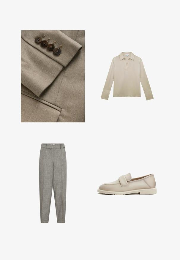 Brunt skræddersyet blazerstof med subtile striber, som har en manchet med fire matchende knapper og tynde stikninger.; Beige bluse med lange ærmer, V-hals og manchetter med knapper, vist på hvid baggrund.; Grå mønstrede bukser med en tapered ben, flad front, bæltestropper og en glat tekstur. Ingen synlige lommer eller hardwaredetaljer.; Beige læder loafers med en jævn tekstur, der har et forhøjet bånd over forgabreren og en lav, flad gummisål.