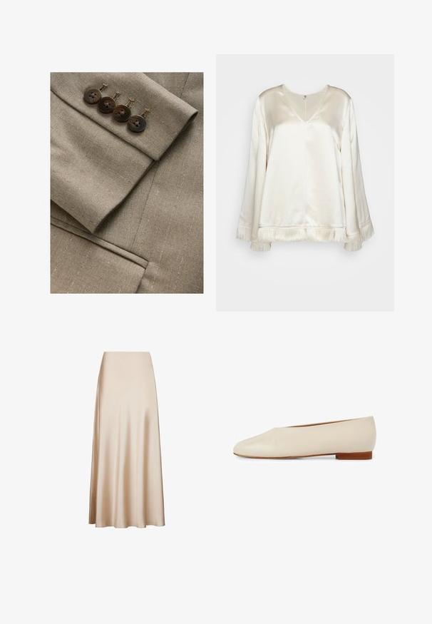 Brunt skræddersyet blazerstof med subtile striber, som har en manchet med fire matchende knapper og tynde stikninger.; By Malene Birger EXCLUSIVE AVELAS - Bluse - pearl; Satin midi-nederdel i beige med en glat tekstur og en udvidet design fra talje til søm, med en A-formet silhuet. Ingen synlige mønstre eller accenter.; Beige læder flad sko med spids tå design, minimalistsk form og en kort træhæl for stabilitet og komfort.