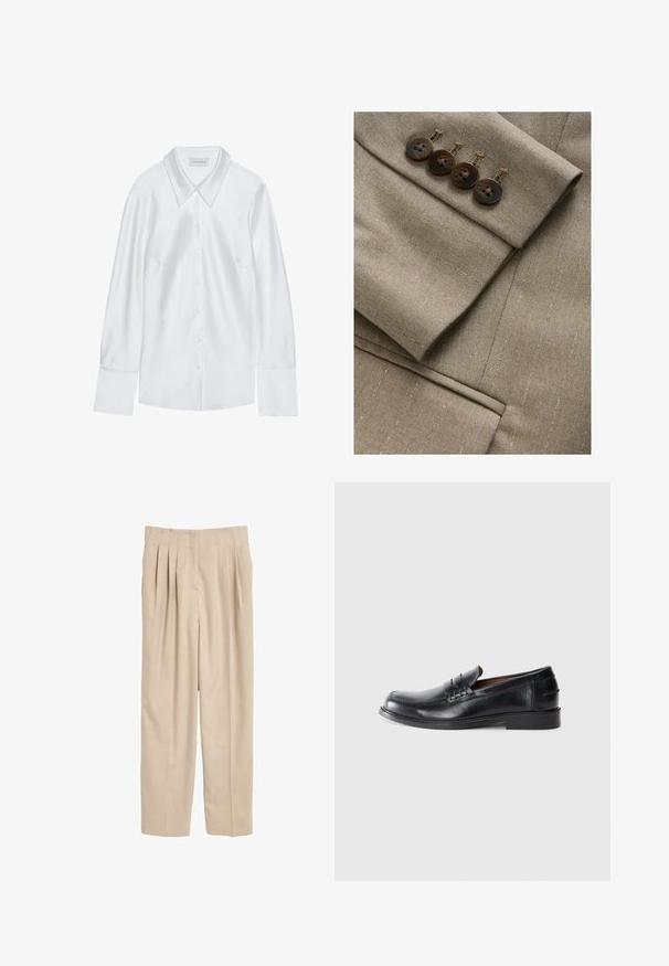 Tissu de blazer marron sur mesure avec des rayures subtiles, doté d'une manche avec quatre boutons assortis et de détails de couture fins.; Chemise blanche à manches longues avec un col classique, dotée d'une fermeture à boutons sur le devant et d'une texture lisse, fabriquée en tissu léger avec un éclat subtil.; Pantalons plissés beiges en tissu léger. Présente une coupe droite, une taille avec des détails de couture, et aucun poignet visible.; Mocassins en cuir noir avec un bout arrondi, des détails cousus et un petit talon carré. Texture lisse avec un subtil éclat.
