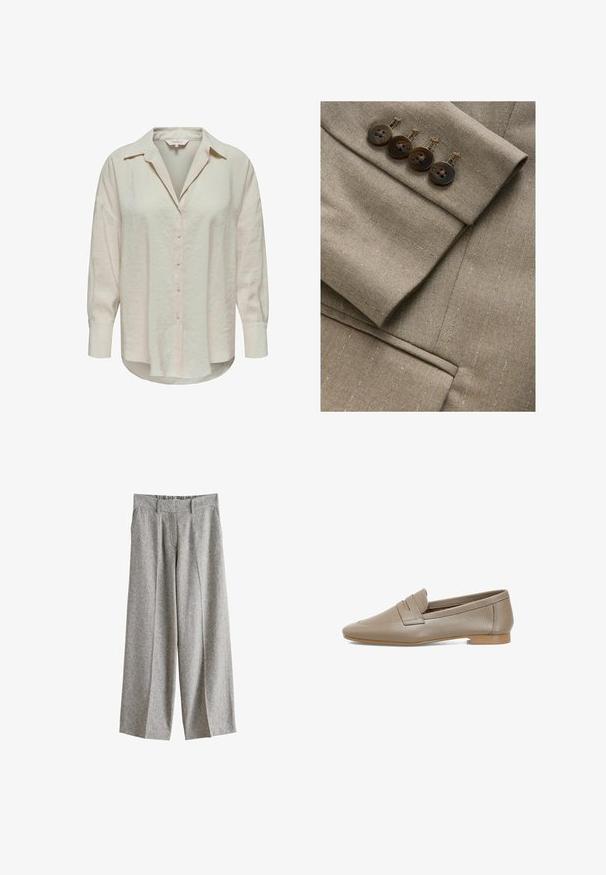 Tela de blazer marrón a medida con rayas sutiles, que presenta un puño con cuatro botones a juego y delgados detalles de costura.; Camisa abotonada de color beige claro con cuello, mangas largas y tela ligeramente texturizada. Presenta un dobladillo curvado y botones en el frente.; Pantalones grises de pierna ancha con pliegues delanteros, trabillas para cinturón, bolsillos laterales y cintura alta, mostrados sobre un fondo blanco.; Mocasines de cuero beige con una superficie texturizada, que presentan un tacón plano y una punta redondeada. Incluyen un pliegue decorativo en el empeine.