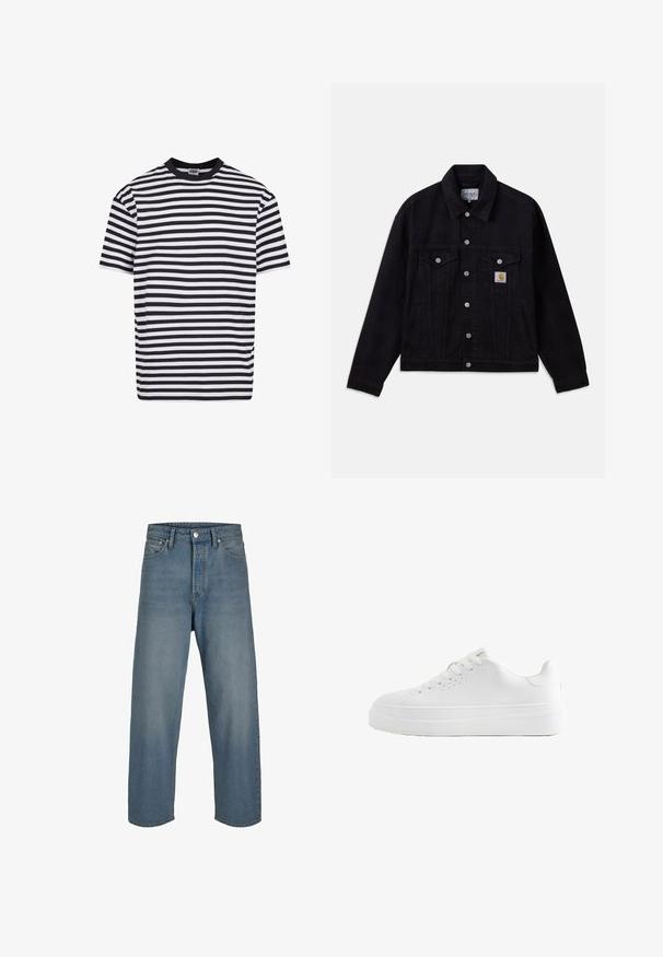Sort denimjakke med knaplukning foran, to brystlommer og logoemblem. Klassisk design med lange ærmer og krave.; Sort og hvid horisontalt stribet kortærmet t-shirt med en sort krave, mærket Urban Classics, størrelse medium.; Lyseblå denimjeans med en afslappet pasform, høj talje og lige ben. Har forreste lommer og knaplukning.; Hvid lavtop sneaker med tyk sål, snørebånd foran og små ventilationshuller på siden, vist i profil.