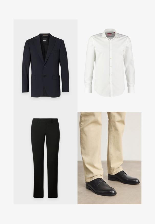Blazer navy de tejido suave, con un cierre de dos botones, solapas con muesca y dos bolsillos frontales, además de un bolsillo en el pecho.; Camisa de botones blanca de manga larga, hecha de suave algodón. Presenta un cuello clásico, una tapeta delantera limpia y puños con botones.; Pantalones negros con un corte a medida, que presentan una textura suave y un diseño de pierna recta. La cintura tiene pasadores para cinturón y un acabado limpio.; Zapatos de cuero negro con cordones, puntera redondeada, acabado suave y sutiles detalles de costura, combinados con pantalones de color beige claro.