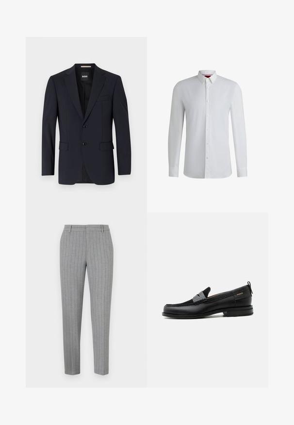 Marineblazer van gladde stof, met een tweeknopssluiting, notch-lapels en twee voorzakken, met een enkele borstzak.; Witte lange mouwen shirt met een kraag met knopen, met een zachte textuur, rechte snit en subtiele details langs de voorkant van de knoopsluiting.; Grijze pantalon met krijtstreep, een elegante pasvorm, een vlak voorkant en zijzakken. Gemaakt van een gladde stof met een subtiele glans.; Zwarte leren loafer met grijs riemdetailelement, lage hak en gestructureerde zool, aan de zijkant gebrandmerkt met "HUGO" in goud.