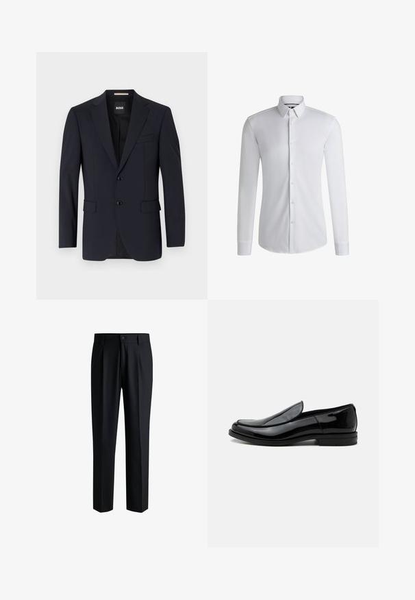 Blazer marine en tissu lisse, avec une fermeture à deux boutons, des revers crantés, deux poches avant et une poche poitrinaire.; Chemise blanche à manches longues en tissu lisse, dotée d'un col boutonné et d'une rangée de boutons sur le devant. Design uni.; Pantalons noirs en tissu lisse, avec une coupe droite, des plis à l'avant et une fermeture à bouton avec passants de ceinture.; Chaussure de ville noire en cuir brillant à enfiler, avec talon bas et bout arrondi, vue de côté sur fond blanc uni.