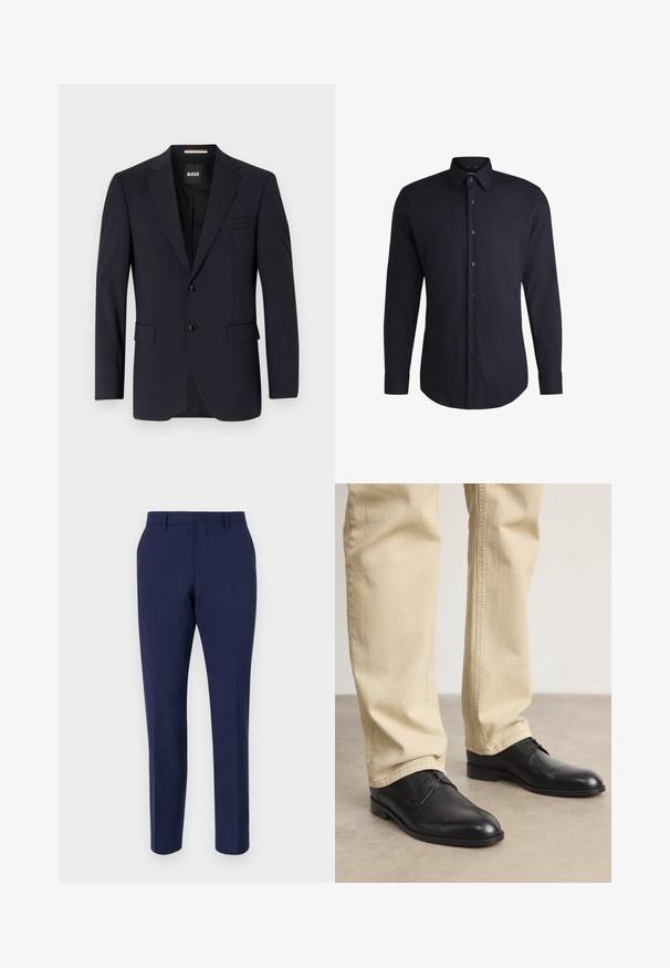 Blazer marine en tissu lisse, avec une fermeture à deux boutons, des revers crantés, deux poches avant et une poche poitrinaire.; Chemise à manches longues bleu marine en tissu tissé, avec un col à boutons et des boutons assortis, possédant une texture lisse et une coupe ajustée.; Pantalons ajustés bleu marine en tissu lisse, dotés d'une coupe slim, d'un devant plat et d'une taille standard avec passants de ceinture.; Chaussures noires en cuir à lacets avec un bout arrondi, finition lisse et détails de couture subtils, portées avec un pantalon beige clair.