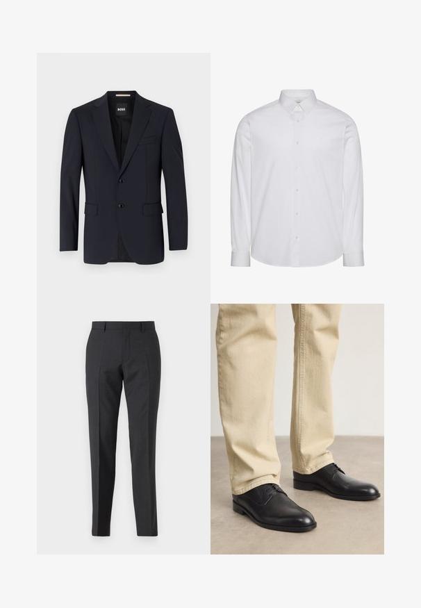 Blazer navy de tejido suave, con un cierre de dos botones, solapas con muesca y dos bolsillos frontales, además de un bolsillo en el pecho.; Camisa blanca de manga larga con botones, hecha de algodón. Presenta un cuello estándar, tapeta frontal con botones y dobladillo redondeado. Logo de la marca discreto.; Pantalones de traje gris oscuro con un corte recto, que cuentan con bolsillos laterales y una textura sutil. Los cierres incluyen una cremallera y presillas para cinturón.; Zapatos de cuero negro con cordones, puntera redondeada, acabado suave y sutiles detalles de costura, combinados con pantalones de color beige claro.