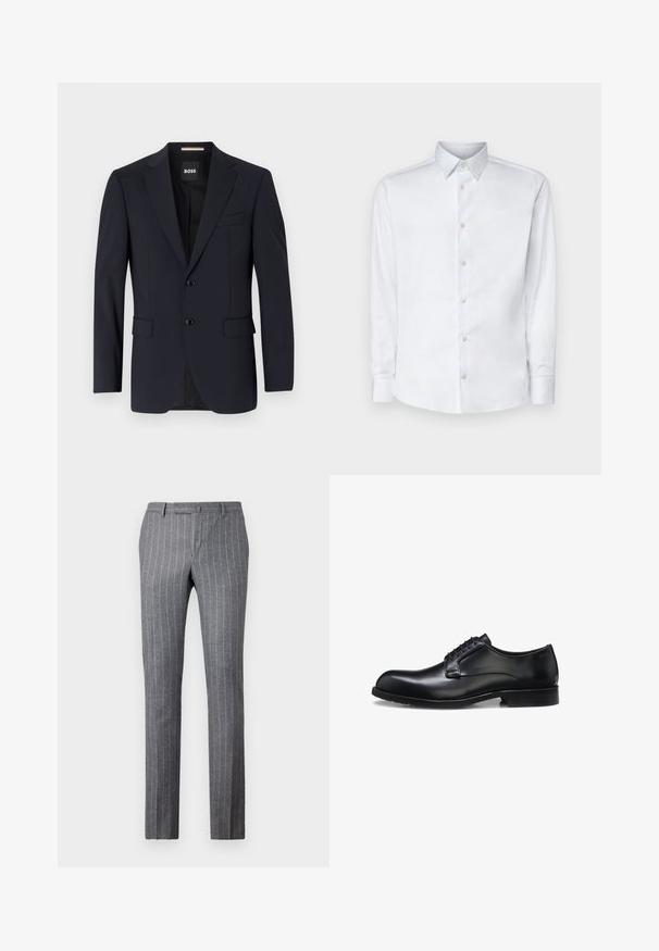 Marineblazer van gladde stof, met een tweeknopssluiting, notch-lapels en twee voorzakken, met een enkele borstzak.; Witte lange mouw shirt gemaakt van gladde stof, met een klassieke kraag, knoopsluiting en manchetten met knopen, gepresenteerd tegen een effen achtergrond.; Grijze pinstriped broek gemaakt van textuurstof, met een klassiek ontwerp, rechte pasvorm en twee voorke pockets.; Zwarte gepolijste leren herenschoen met gesloten vetersluiting, lage hak en subtiel merkteken nabij de hiel op een witte achtergrond.