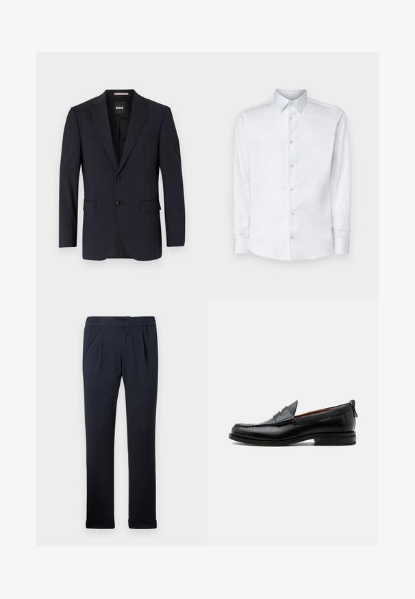 Marineblazer van gladde stof, met een tweeknopssluiting, notch-lapels en twee voorzakken, met een enkele borstzak.; Witte lange mouw shirt gemaakt van gladde stof, met een klassieke kraag, knoopsluiting en manchetten met knopen, gepresenteerd tegen een effen achtergrond.; Marineblauwe broek gemaakt van zachte stof, met een elastische tailleband, plooien aan de voorkant en cuffs aan de onderkant. Glad oppervlak, minimalistisch ontwerp.; Zwarte leren herensloffen met moc toe stiksel, pennyriem, gestructureerde kraag en lage gestapelde hak op witte achtergrond.