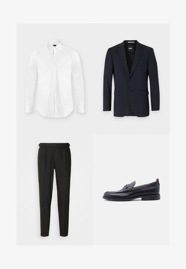 Blazer navy de tejido suave, con un cierre de dos botones, solapas con muesca y dos bolsillos frontales, además de un bolsillo en el pecho.; Camisa blanca de vestir de manga larga con botones y cuello puntiagudo, colocada perfectamente plana sobre un fondo gris claro.; Pantalones negros ajustados con frontales lisos, dos pliegues, trabillas para cinturón y diseño de pierna recta. Fabricados con una tela suave y ligera.; Mocasín de cuero negro con empeine gris texturizado, detalle de hebilla metálica plateada, tacón bajo y lengüeta para tirar en la parte trasera.