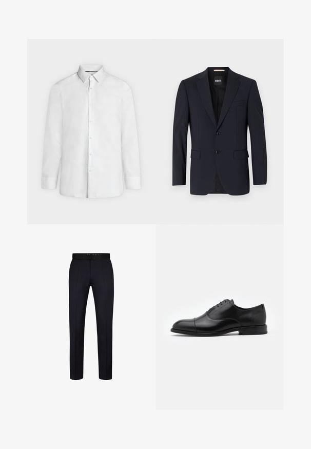 Blazer navy de tejido suave, con un cierre de dos botones, solapas con muesca y dos bolsillos frontales, además de un bolsillo en el pecho.; Camisa blanca de vestir de manga larga con cuello abierto y puños abotonados, mostrada de frente sobre un fondo liso gris claro.; Pantalones navy de corte slim, con un diseño de frente plano, presillas para cinturón y una textura de tela suave. Adecuados para vestimenta formal.; Zapato de vestir de cuero negro con punta redonda, diseño con cordones y detalles de costura sutiles. Presenta un tacón bajo y una textura suave.