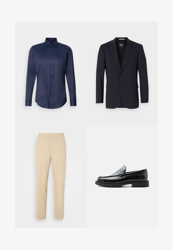 Blazer navy de tejido suave, con un cierre de dos botones, solapas con muesca y dos bolsillos frontales, además de un bolsillo en el pecho.; Camisa de vestir de manga larga para hombre en azul marino, con cuello puntiagudo y cierre frontal de botones, presentada sobre un fondo blanco liso.; Pantalones de color beige ajustados con un diseño de pierna recta, elaborados en una tela ligera, que presentan dos bolsillos frontales y pliegues bien planchados.; Mocasín de cuero negro con suela de goma gruesa, empeine cosido y nombre de la marca en relieve en el talón, mostrado en perfil lateral sobre fondo blanco.