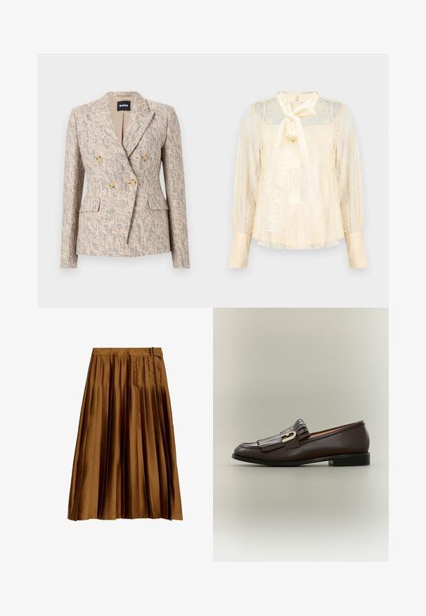 Beige og grå tekstureret dobbeltradet blazer med fire brune knapper, revers med hak, klaplommer og en tætsiddende silhuet fra BOSS.; Lysecremefarvet bluse lavet af blonder med en sløjfedetalje ved halsen, gennemsigtige lange ærmer og manchetter med knapper. Tekstureret blomsterprint over det hele.; Brun satin plisseret midi-nederdel med en høj talje og suedetailer, vist fladt på en hvid baggrund.; Mørkebrune læderloafer med frynsedetalje og guldbeslag på en neutral baggrund, sidevisning.