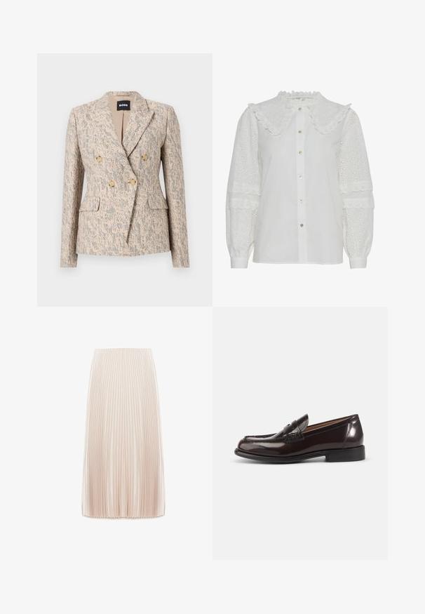 Blazer croisé beige et gris texturé avec quatre boutons marron clair, revers crantés, poches à rabat, et silhouette cintrée par BOSS.; Blouse blanche avec un col volanté, fermeture à boutons et détails en broderie sur les manches bouffantes. Présente un éclat subtil et une texture douce.; Jupe midi plissée de couleur beige clair, fabriquée à partir d'un tissu lisse, présentant de fines plis verticaux et une taille élastique.; Mocassin penny pour homme en cuir brun foncé poli avec talon bas et détails cousus sur fond blanc.