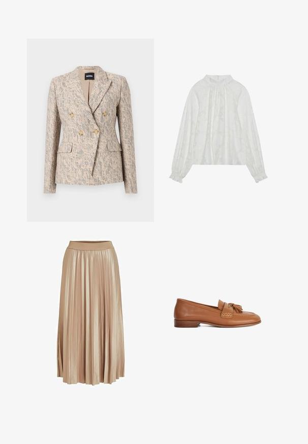 Blazer croisé beige et gris texturé avec quatre boutons marron clair, revers crantés, poches à rabat, et silhouette cintrée par BOSS.; Blouse blanche à manches longues, avec un motif floral texturé, un décolleté froncé et des poignets élastiques. Tissu doux et léger.; Jupe midi plissée en satin beige clair. Dotée d'une large taille élastique et de plis verticaux élégants sur toute sa longueur.; Mocassins en cuir couleur tabac avec un bout arrondi, ornés d'un détail de pampille à l'avant, des accents cousus, et un petit talon en bois. Texture de surface lisse.