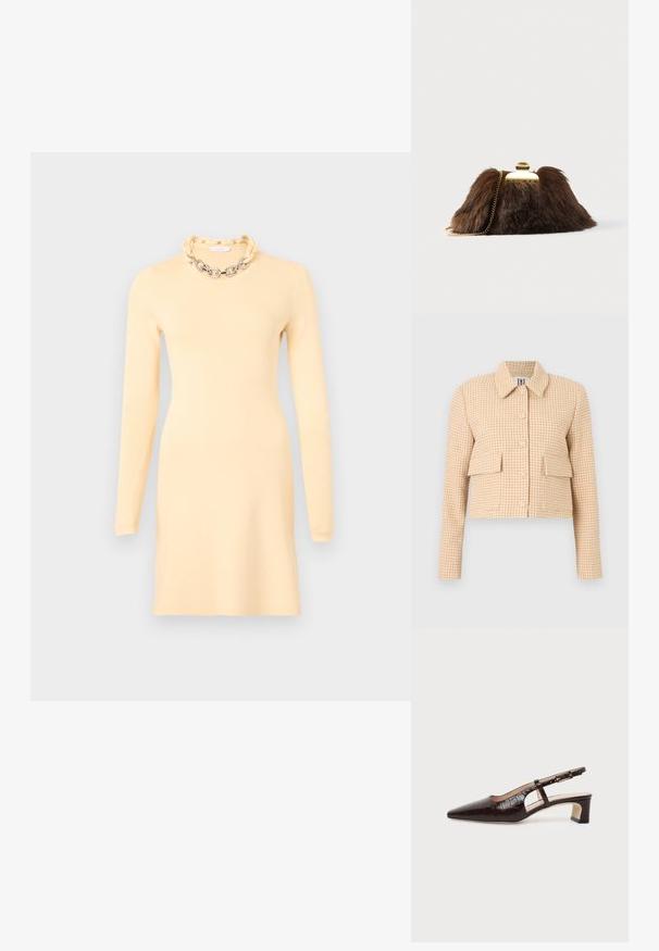 Beige en witte cropped jas met pied-de-poulepatroon, lange mouwen, knopen aan de voorkant, omgeslagen kraag en twee klepzakken aan de voorkant.; Rabanne Etui-jurk - cream; Donkerbruine slingback schoen van krokodillenleer met een puntige neus, lage blokhak en verstelbare gouden gesp.; Bruine clutch van imitatiebont met een goudkleurige sluiting en kettingriem. Zachte textuur, driehoekige vorm en licht pluizig uiterlijk.