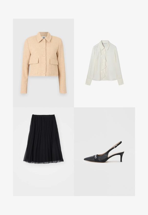 Veste courte beige et blanche à motif pied-de-poule, manches longues, boutons sur le devant, col à revers et deux poches à rabat à l'avant.; Blouse blanche à manches longues avec col pointu et détail volanté asymétrique le long de la patte de boutons avant.; Jupe plissée noire en tissu transparent, avec une taille élastique. Sa conception fluide s'étend jusqu'à la mi-mollet, mettant en valeur des plis verticaux.; Chaussure à bride arrière en cuir noir avec un bout pointu, un talon de hauteur moyenne, et une bride en tissu marquée de la marque sur le devant. Texture lisse et design minimaliste.