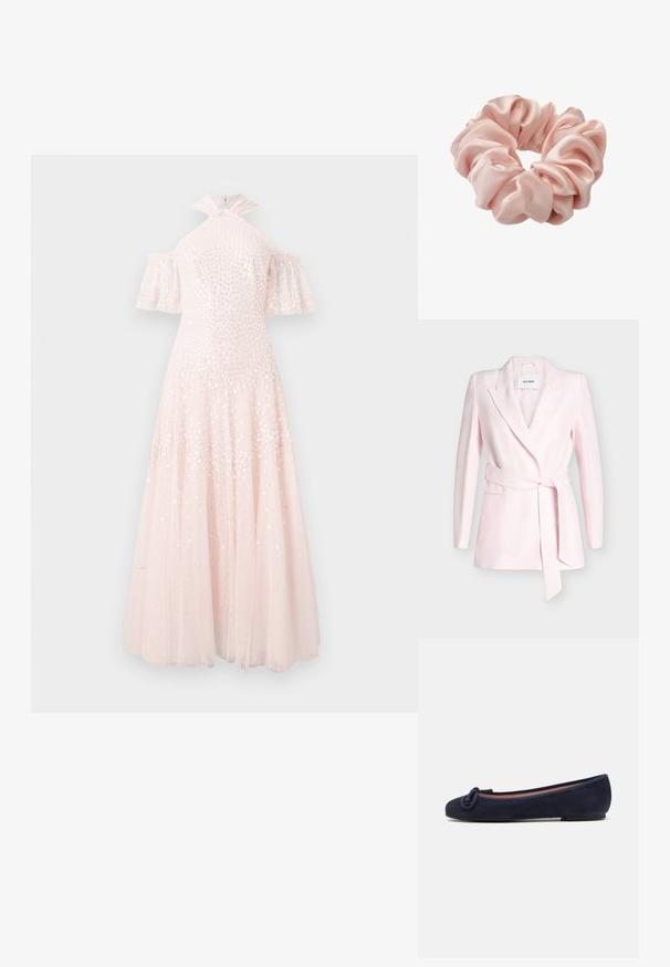 Lyserød skræddersyet blazer med lange ærmer, bredt notching revers og matchende stofbælte bundet i taljen.; Pink gulvlængde kjole med halterneck og kold skulder-design. Har pynt og en tylskørt med lagdelt tekstur.; Mørkeblå ruskinds ballet flade med rund tå og knyttet detalje på tåen. Lav, fleksibel sål for komfort. Simpel og strømlinet design.; Lyserød satin scrunchie med samlet stof og en blød, skinnende tekstur til at binde hår.