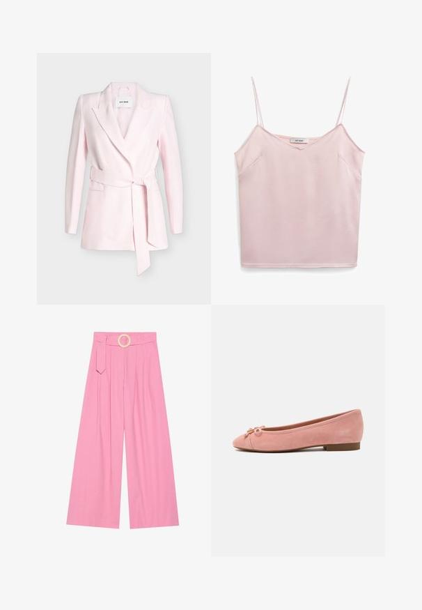 Blazer rose pâle cintré, manches longues, large col à revers cranté et ceinture en tissu assortie nouée à la taille.; Haut sans manches rose avec des bretelles fines, décolleté en V, texture douce et deux poches latérales. L'étiquette indique "IVY OAK". Design simple et épuré.; Pantalons larges rose à taille haute, dotés d'une ceinture avec une boucle en bois circulaire et de plis pour la texture.; Ballerine plate en daim rose doux avec petit nœud et accent doré sur l'avant arrondi, talon bas et semelle lisse.