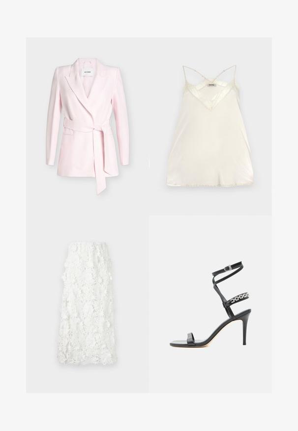 Blazer rose pâle cintré, manches longues, large col à revers cranté et ceinture en tissu assortie nouée à la taille.; Débardeur en crème clair avec bretelles spaghetti ajustables, design en V avec des accents en dentelle au niveau du col et de l'ourlet pour un détail supplémentaire.; Jupe blanche longue jusqu'à la cheville en dentelle florale complexe avec un ourlet festonné. Taille élastique pour un ajustement décontracté. Motif texturé et délicat.; Sandale noire à talon haut avec fine bride à la cheville, bride médiane décorée de maillons de chaîne argentés, et design à bout ouvert.