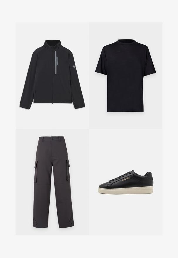 Veste légère noire avec un col haut, fermeture éclair à l'avant et poche poitrine avec fermeture éclair. Détails du logo sur la manche. Texture lisse.; T-shirt noir à manches courtes avec un col montant, confectionné dans un tissu lisse et léger, présentant un design minimaliste sans motifs ni accents.; Pantalons cargo gris foncé, fabriqués en tissu lisse, dotés de deux poches latérales et de fermetures à boutons. Coupe ample avec des ourlets côtelés.; Sneaker en cuir noir avec une finition lisse, semelle crème contrastante, bout arrondi, logo doré sur le côté et six œillets pour les lacets.