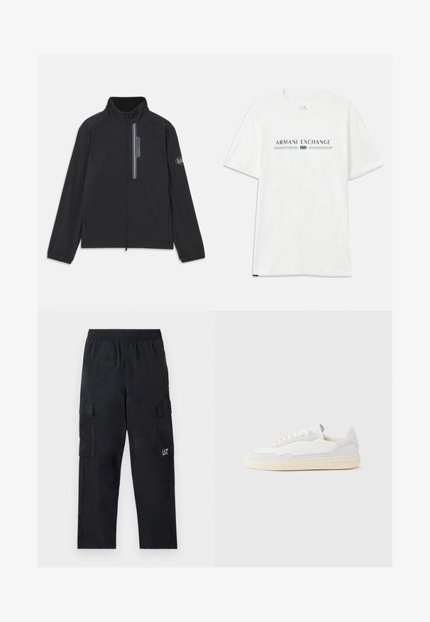 Veste légère noire avec un col haut, fermeture éclair à l'avant et poche poitrine avec fermeture éclair. Détails du logo sur la manche. Texture lisse.; T-shirt en coton blanc à manches courtes, avec un logo "ARMANI EXCHANGE" bleu et vert et "1991" centré en dessous.; Pantalons cargo noirs avec une taille élastique, poches latérales et un petit logo sur la jambe gauche. Fabriqués en tissu léger et lisse.; Baskets blanches avec dessus en daim et cuir texturé. Caractérisées par un bout arrondi, une fermeture à lacets et une semelle en caoutchouc beige contrastante.