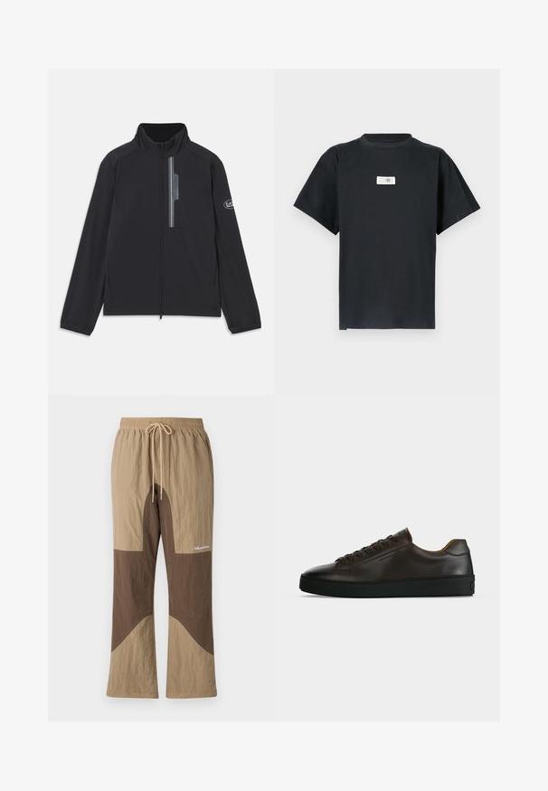 Veste légère noire avec un col haut, fermeture éclair à l'avant et poche poitrine avec fermeture éclair. Détails du logo sur la manche. Texture lisse.; T-shirt en coton noir avec un col rond, des manches courtes et une étiquette blanche rectangulaire sur la poitrine affichant du texte et des chiffres.; Pantalons bicolores marron et beige avec une taille élastique, un cordon de serrage et un logo en texte. Fabriqués en tissu texturé avec une coupe décontractée.; Baskets basses en cuir marron foncé avec semelle en caoutchouc noire, lacets à l'avant et design minimaliste épuré sur fond clair.