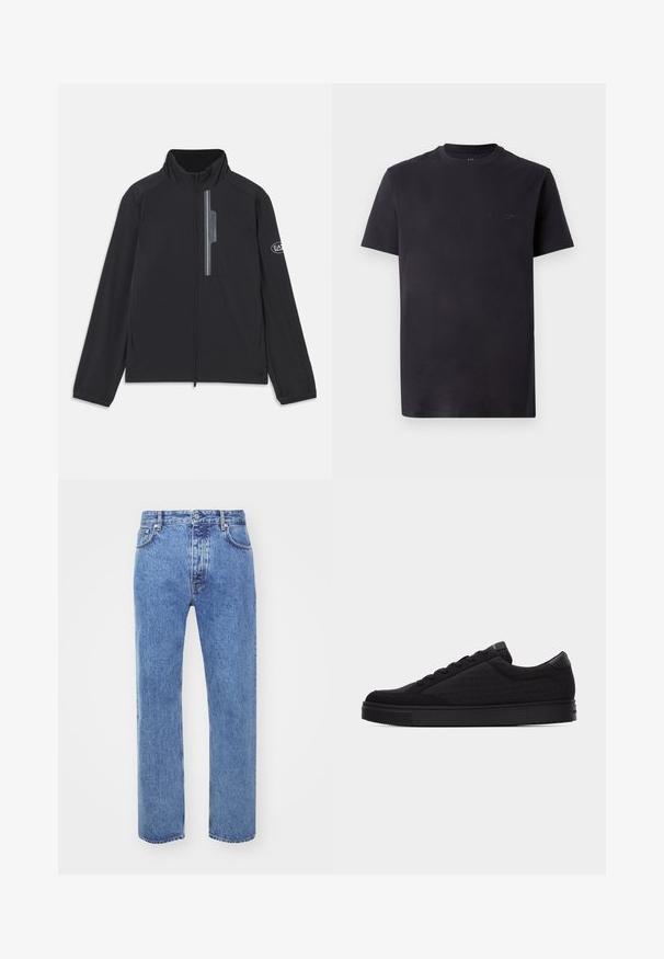 Veste légère noire avec un col haut, fermeture éclair à l'avant et poche poitrine avec fermeture éclair. Détails du logo sur la manche. Texture lisse.; T-shirt en coton noir avec un col rond, des manches courtes et un logo en relief sur la poitrine. Texture lisse, coupe décontractée.; Won Hundred STEVE - Jean boyfriend - cut blue; Basket basse noire avec motif logo ton sur ton, design à lacets et semelle plate sur un fond clair uni.