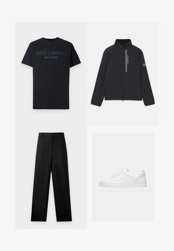 Sort letvægtsjakke med høj krave, frontlynlås og lynlåslomme på brystet. Har logo detaljer på ærmet. Glat tekstur.; Sort bomulds t-shirt med "JUST CAVALLI MILANO" i lys blå broderi på brystet, med rund hals og afslappet pasform.; Sorte bukser lavet af bomuld med lige ben-design, der har en frontknaplukning og sidelommer. Glat tekstur, ingen mønstre.; Hvid lavt sneaker med snørelukning, glat læderoverdel og tyk sål, vist fra siden på en ensfarvet baggrund.