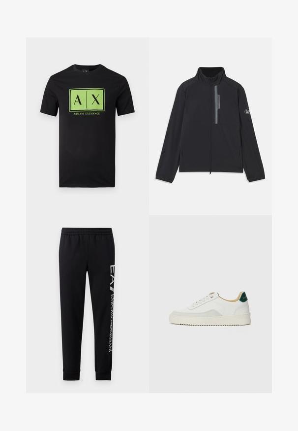 Veste légère noire avec un col haut, fermeture éclair à l'avant et poche poitrine avec fermeture éclair. Détails du logo sur la manche. Texture lisse.; T-shirt noir à manches courtes avec un logo rectangulaire vert comportant les textes "A|X" et "Armani Exchange" centrés sur le devant.; Pantalons de survêtement noirs en mélange de coton, dotés d'une taille élastique, de jambes fuselées, de poignets côtelés et d'un imprimé logo blanc sur le côté.; Baskets blanches avec des accents en daim, bout arrondi, lacets plats et semelle en caoutchouc crème. Présente une marque verte sur le talon.