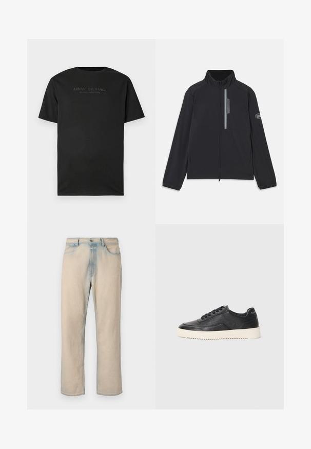 Veste légère noire avec un col haut, fermeture éclair à l'avant et poche poitrine avec fermeture éclair. Détails du logo sur la manche. Texture lisse.; T-shirt noir à manches courtes avec col rond, portant "ARMANI EXCHANGE MILANO / NEW YORK" imprimé en petites lettres gris foncé sur la poitrine.; Jean en denim beige clair avec une coupe droite, des accents bleu délavé, cinq poches et une fermeture à bouton à la taille.; Baskets en cuir noir avec finition texturée, bout rond et semelle plate en caoutchouc blanc. Présentent des lacets noirs et un logo sur le talon.
