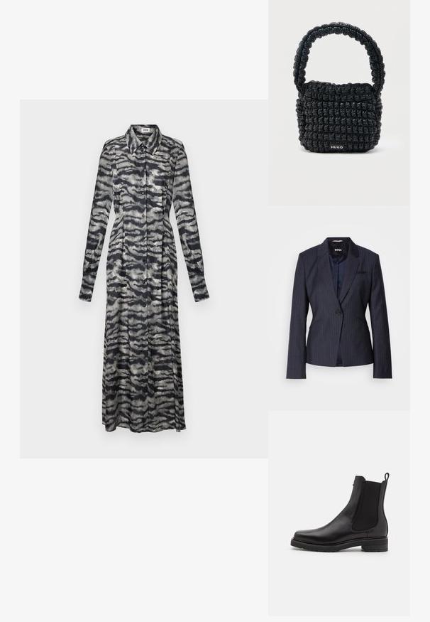 Dunkelblau gestreifter Blazer mit einem einzigen Knopfverschluss, Reverskragen und zwei Fronttaschen. Glatte Innenauskleidung sichtbar.; Langes, gemustertes Kleid in Schwarz und Grau mit Kragen, langen Ärmeln, Knopfverschluss und fließender Passform, das ein wellenförmiges, abstraktes Design zeigt.; Schwarze Lederstiefelette mit elastischen Seitenpanelen, einem niedrigen, gestapelten Absatz und einer Zugschlaufe an der Rückseite. Glatte Textur und elegantes Design.; Kleine schwarze gesteppte Handtasche mit kurzem, gepolstertem Henkel und "HUGO"-Label auf der Vorderseite, vor einem schlichten hellen Hintergrund präsentiert.