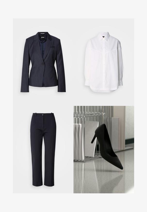 Mørkeblå blazer med smalle striber, en enkelt knaplukning, spidse klapper og to frontlommer. Glat foring synlig.; Hvid langærmet skjorte lavet af bomuld, med en knap-ned krave, frontknapper og en afslappet pasform med subtile syninger.; Marineblå bukser med lige ben, fremstillet af et glat stof. Har forlommer og knaplukning i taljen.; Sort højhælet sko balancerende på hælen på en reflekterende bordplade nær metalfilholder med hvide mapper.